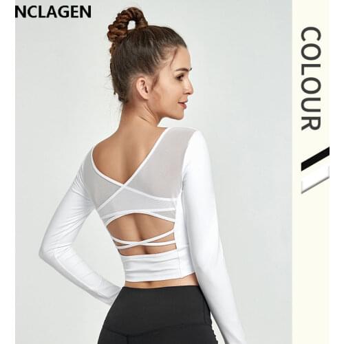 Sport Shirts Dry Fit Woman Long Sleeve Padded Yoga Tops Open Back Gym Workout Fitness Clothing High Elastic Crop Top NCLAGEN