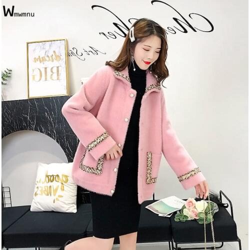 Korean Cute Pink Mink Fleece Jacket Women Elegant Spliced Tassel Long Sleeve Lapel Coat Fashion Chic Sweet Outerwear Female