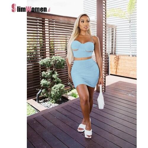 Women Summer 2 Two Piece Set Sexy Night Party Streetwear Backless Hole Crop Tops and Midi Mini Skirts Matching Set Outfits 2021