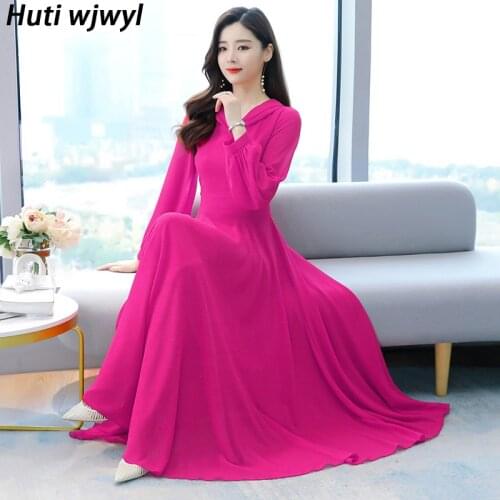 2021 Spring Solid Chiffon Beach Maxi Sundress 4XL Plus Size Elegant Long Sleeve Hooded Dress Autumn Women Bodycon Party Vestidos