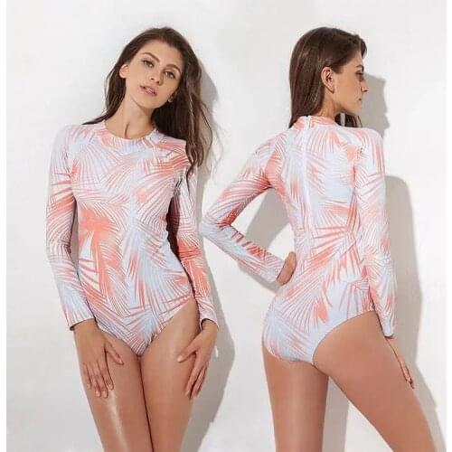 2019 Vintage Beach Women One-Piece Swimsuit coconut palm Front zipper Swimwear Long sleeve Push up swimming Suit XXL size