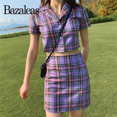 Bazaleas Streetwear Tartan Purple two piece set Fashion Crop top and mini skirt Punk women suit Sexy tracksuit women 2 piece set