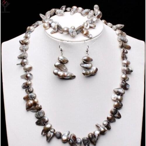 Women Jewelry Set 8-15mm Light gray Baroque Pearl necklace bracelet dangle hook earring Natural Freshwater pearl