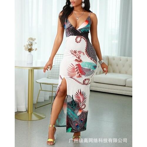 Womens 2021 new summer long sling print split dress