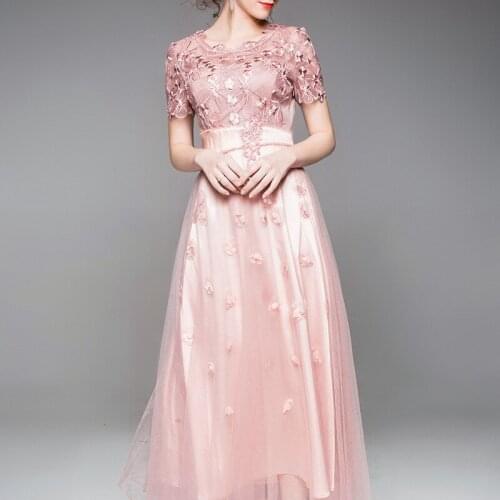 Plus Size Summer Lace Embroidery Elegant Mesh Dress High-quality Maxi Dress Ladies Temperament O Neck Short-sleeve Women Dresses