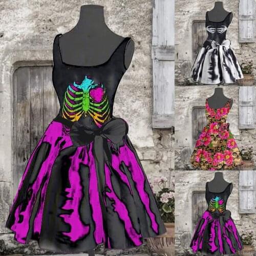 Fashion Halloween Dress Women Skeleton Print Tank Sleeveless Dress Halloween Party Festival Costume Cosplay Bowknot A-line Dress