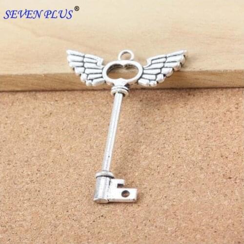 10 Pieces/Lot 59mm*40mm Antique Silver Plated Angels Wings Key Pendants Charms For Jewelry Making