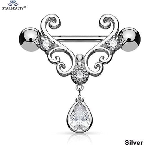 2pcs/lot Crystal Water Drop Nipple Ring Helix Piercing Earring Flower Bijoux Nipple Piercing Surgical Steel Pircing Body Jewelry