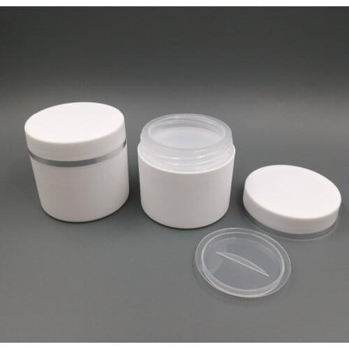 20pcs/lot 50g plastic white double layer cream jar with silver rim, empty makeup container for cosmetic packaging