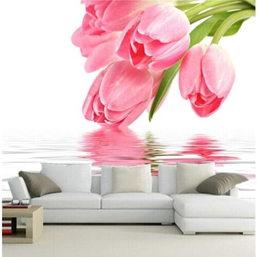 The custom 3D murals,beautiful fresh tulip on the water surface ,living room sofa TV wall bedroom background wall paper
