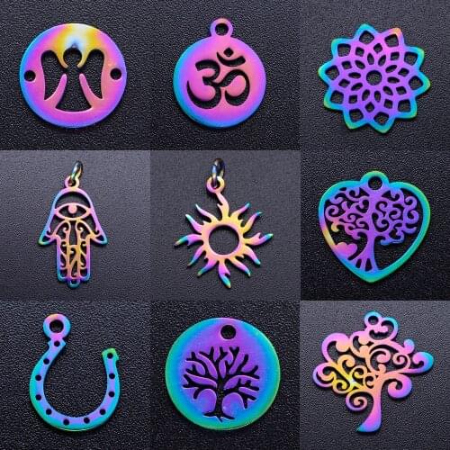 5pcs/lot fabulous rainbow color lotus diy stainless steel charm wholesale life of tree horseshoe necklace pendant sun om charms