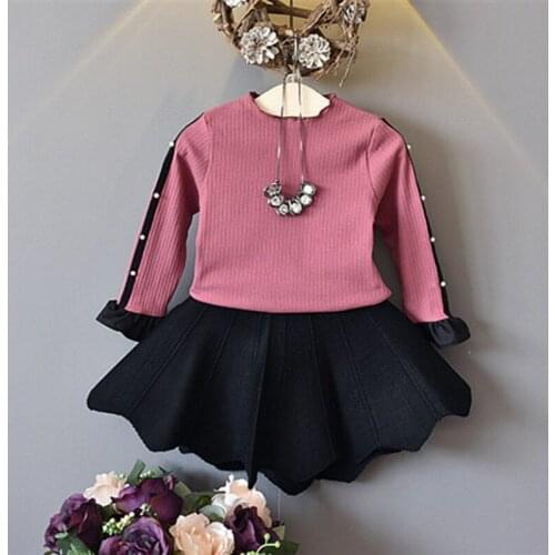 DFXD Toddler Girs Outfits 2017 Fashion Autumn Cotton Long Sleeve Bead Knitted Shirt+Pleated Skirt Princess Girls Party Set 2-8Y