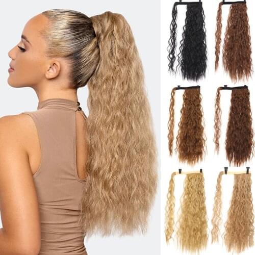DIANQI Synthetic Corn Wavy Long Curly Ponytail Hairpiece Wrap on Clip Hair Extensions Blonde Pony Hair