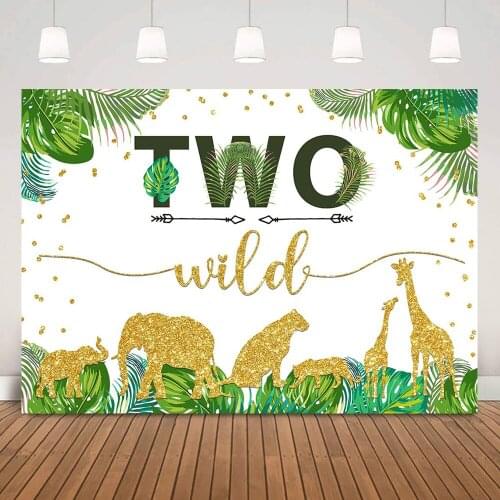 Two Wild Birthday Background for Party Decorations Jungle Forest Newborn Animals 2nd Birthday Backdrop Green Leaves Photobooth