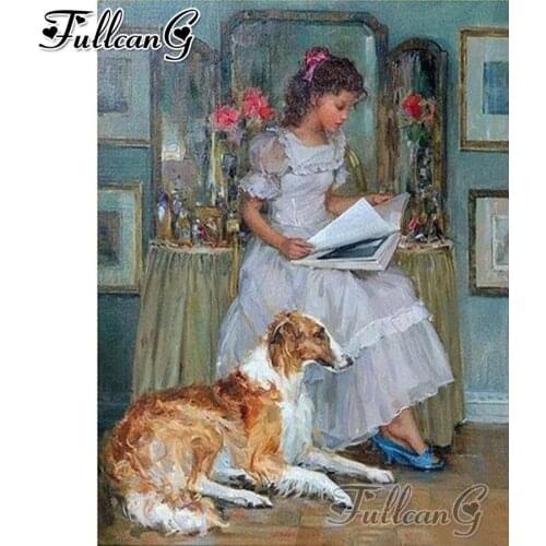 FULLCANG Girl loves dog abstract diy 5d mosaic diamond painting full square round drill rhinestone embroidery animals FC3259