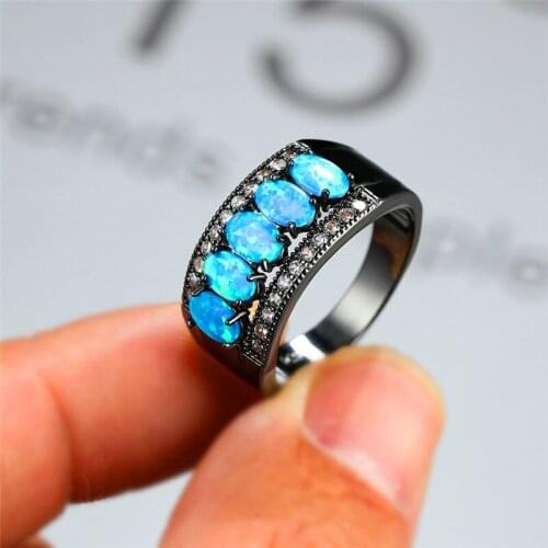 Dainty Promise Love Oval Stone Engagement Ring Luxury Female Blue Fire Opal Ring Vintage 14KT Black Gold Wedding Rings For Women