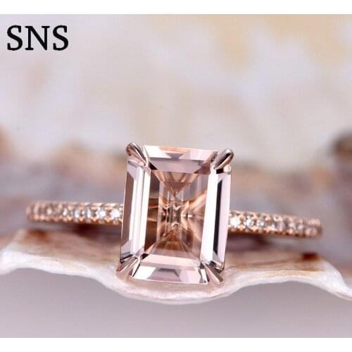 6*8mm Natural Pink Color Morganite Engagement Halo Ring 4-Prongs Setting Solirate with Melee size Moissanite 14K Rose Gold Lady