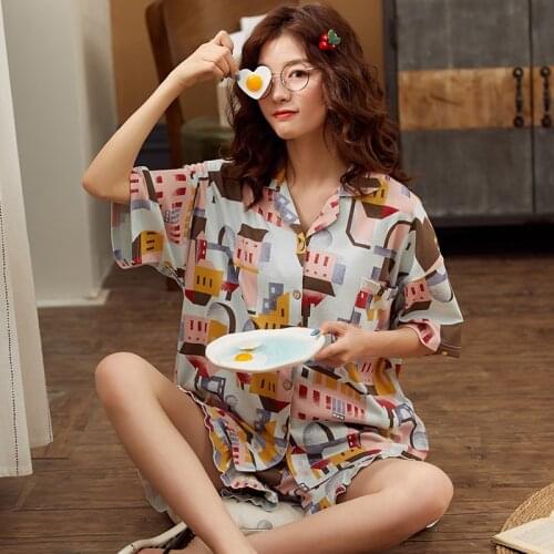 BZEL Turn-Down Collar Womens Pajamas Set Summer Home Suits With Shorts Casual Cotton Pijamas Mujer Loose Sleepwear Soft Pyjamas