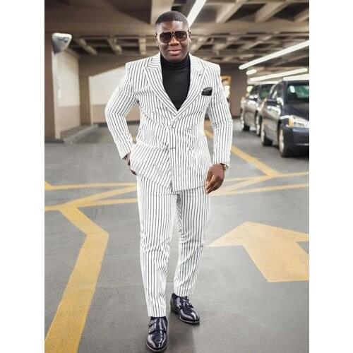 Fashionable Double Breasted White Stripe Groom Tuxedos Peak Lapel Groomsmen Mens Wedding Suits Blazers (Jacket+Pants+Tie) W:629