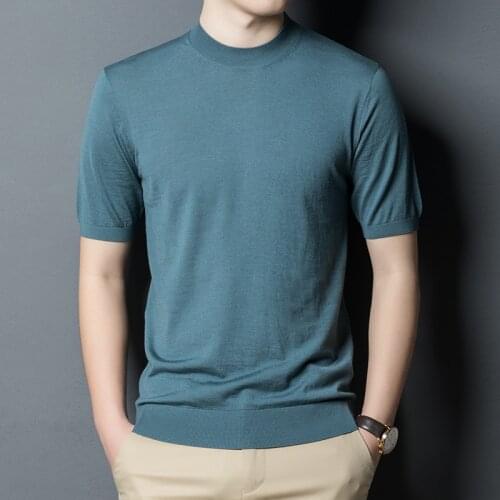 Mens Pure Australia Wool Jumper Spring Summer Cashmere Sweater Male 100% Wool Tee Tops Short Sleeve Thin Knit Shirts