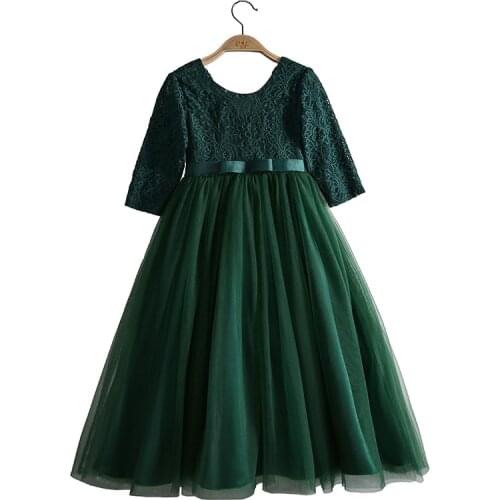 2020 New Girls Dress Kids Long Sleeves Lace Tulle Party Wedding Dresses Elegant Girls Ball Gown Vestido Children Clothing