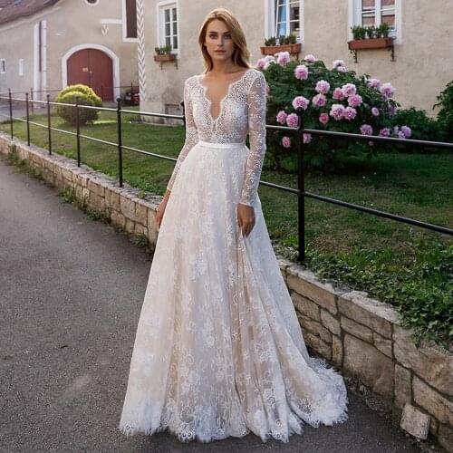 Elegant Full Lace Wedding Dress 2020 V-neck Long Sleeves Boho Beach robe de marie Bridal Gown Backless robe de marie Marriage