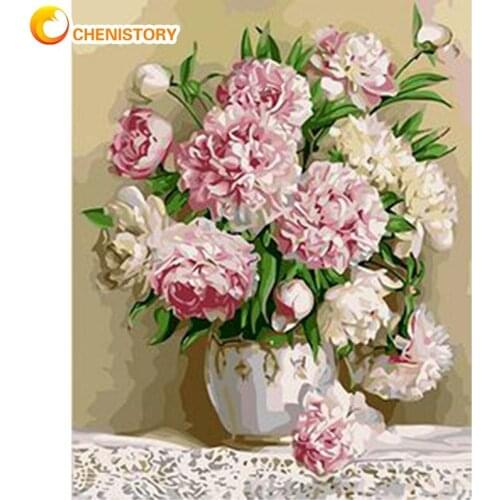 CHENISTORY Pink Flower Oil Painting By Numbers Kits For Adults Handmade 60x75cm Frame On Canvas Unique DIY Gift Home Decoration