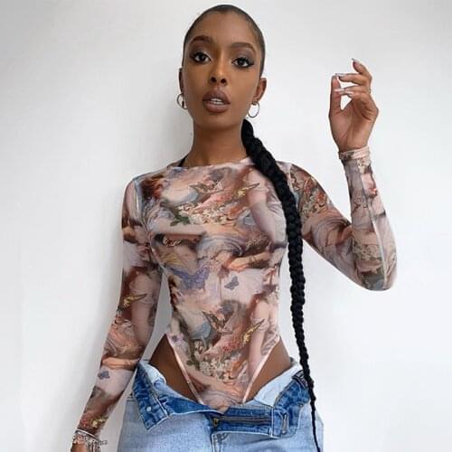 Sexy Womens Bodysuits Bodycon Long Sleeve Printed Jumpsuits Skinny Slim Casual Body Tops Streetwear Outfits Rompers Overallls