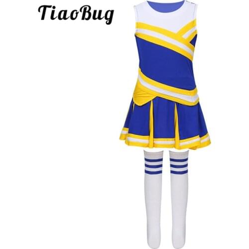TiaoBug Kids Teens School Girls Cheerleading Uniform Tops with Pleated Skirt Socks Outfit Stage Performance Jazz Dance Costume