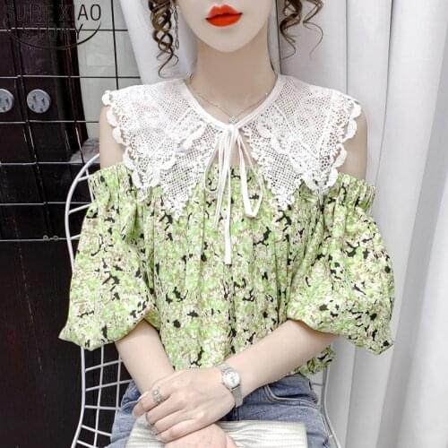 2021 New Summer Chiffon Blouse Women Tops Fashion Lace Collar Stitching French Style Temperament Sexy Off Shoulder Shirt 15248