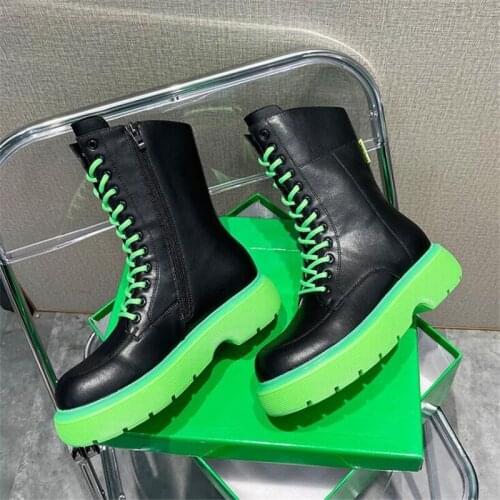 Women Boots Genuine Leather Non-slip Female Chelsea Boots Green Bottom Lace Up Platform Martin Boots Ladies Flat Casual Shoes