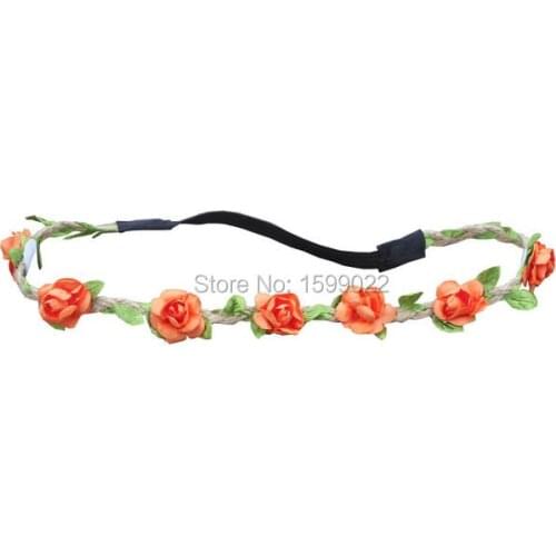 Green Leaves Hemp Hair Wreath Orange Flower Crown Stretch Hair Bands Fall Wedding Decorations Floral Circlet Women Daily Wear