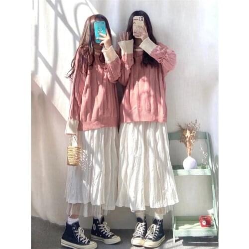 Sweet 2pcs Set Pink Loose Knit Sweater Pullover +White High Waist Long Tulle Pleated A-Line Skirt Women Sutumn Suit Streetwear