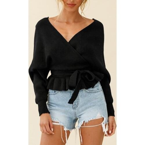 Spring Solid Lace Up V Neck Clothes Knitted Sweaters Women Bat Long Sleeve Slim Waist Pullover Sexy Ruffle Short Tops Jumper