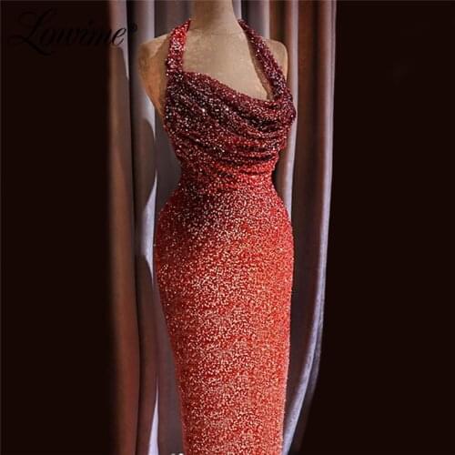 Dubai Aibye Halter Party Dresses Beads Sequins Mermaid Long Prom Dress 2020 African Women Evening Gown Robe De Soiree Customized