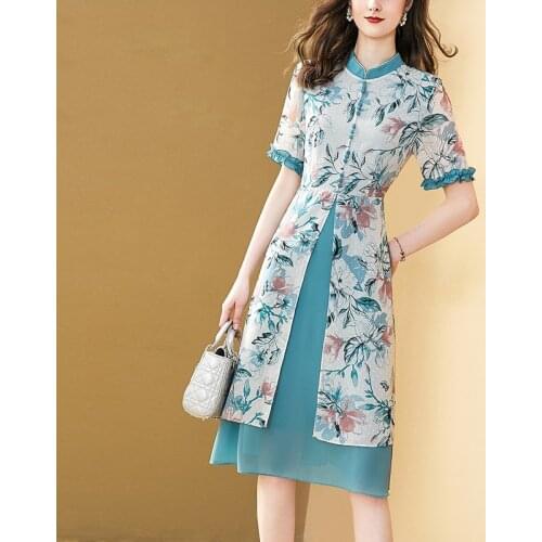 Famous family style Patchwork Printed Dresses For Women Casual Half Sleeve Autumn Dress Chiffon Button lady Split Loose Dress