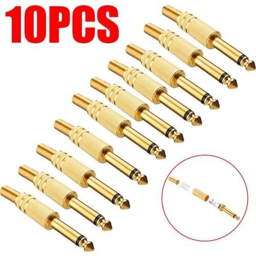 10pcs Newest 6.35mm 1/4 Inch Male Mono Jack Plug Audio Adapter Connector Gold Plated Mic Amplifier DIY Audio Connectors