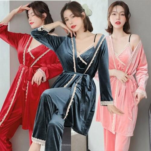 3PCS Sexy Lace Lingerie Thick Warm Gold Velvet Robes Pajama Sets For Women Winter Long Sleeve Sleepwear Pyjamas Homewear Clothes