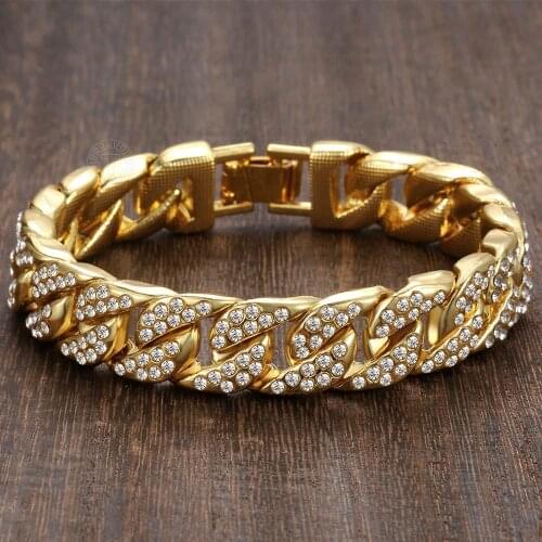 Mens Bracelet Hip Hop Gold Curb Cuban Chain Bracelet For Men Jewelry Accessories Gifts Dropshipping 13.5/14/15mm GB453