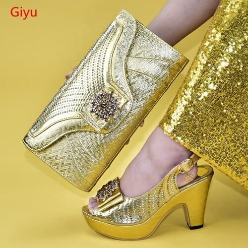 Doershow Fashion Women nice gold Shoes And Bag Set To Match High Quality Italian Shoes With Matching Bags For Party! HAB1-28