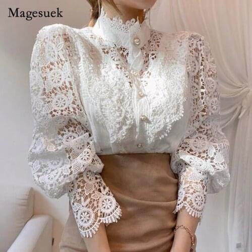 Korean Vintage Solid White Lace Blouse Shirts Women New Button Loose Shirt Tops Female Hollow Casual Ladies Blouses Blusas 12928