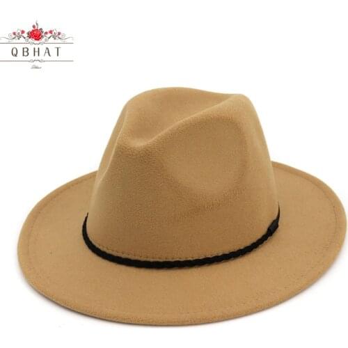 QBHAT Fashion Vintage Ladies Wool Felt Mens Fedora Trilby Hat Simply Braided Rope Decorated Panama Flat Brim Jazz Formal Hats