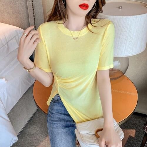Irregular Summer Fashion Shirt T Shirt Split fork Women Tops Base O-neck Short sleeve Girls Tshirt harajuku woman tshirts