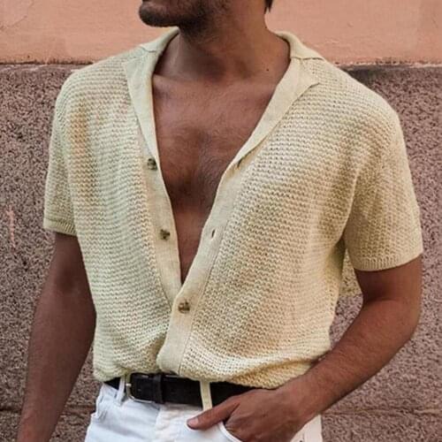 Solid Knitted Lapel Buttons Cardigan Po-lo Shirts 2021 Spring Summer Breathable Mens Short Sleeve Sexy V Neck New Male Clothing