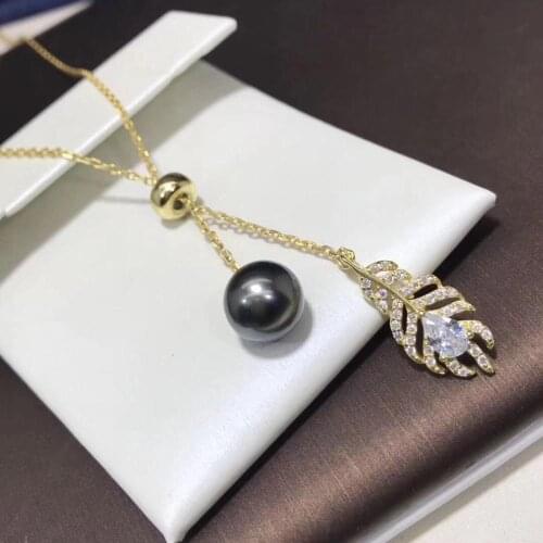 D513 Pearl Necklace Fine Jewelry 925 Sterling Silver Round 9-10mm Nature Fresh Water Peacock Green Black Pearls Pendant Necklace