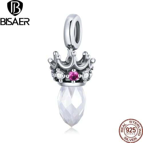 BISAER Ornate Crown Charms 925 Sterling Silver Crown Shape Pendant Beads for Bracelet Necklaces DIY Jewelry Accessories ECC1772