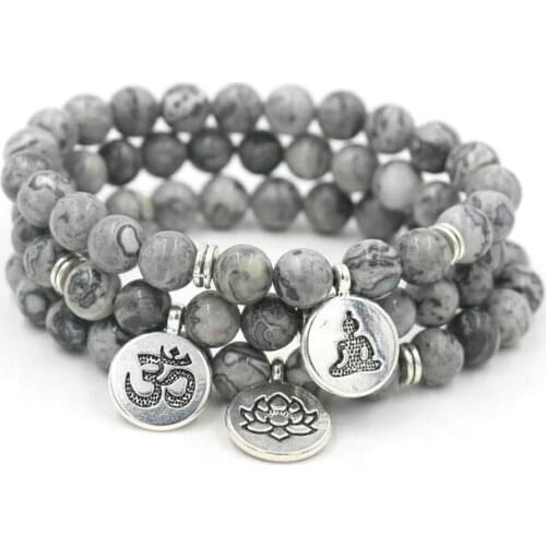 Grey Howlite Marble Stone Buddha OM Lotus Strand Bracelet Men Women Charm Yoga Chakra Meditate Bracelets Masculino Pulseiras
