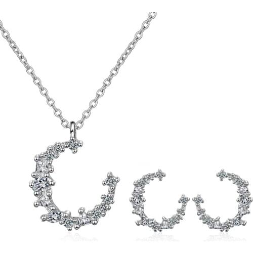 Wedding Crystal Jewelry Sets for Brides Trendy 925 Sterling Silver Zircon Irregular Moon Pendants Necklaces Stud Earring Set