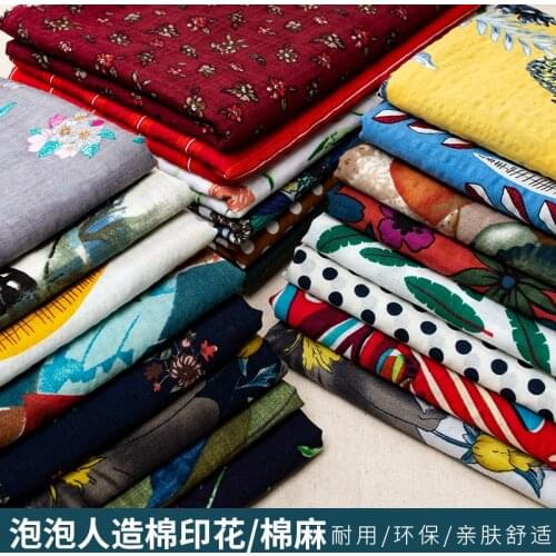 145cmx50cm Bubble Artificial Cotton Linen Fabric Dark Grid Printing Pure Cotton Dress Cheongsam Summer Thin Style Clothes Fabric