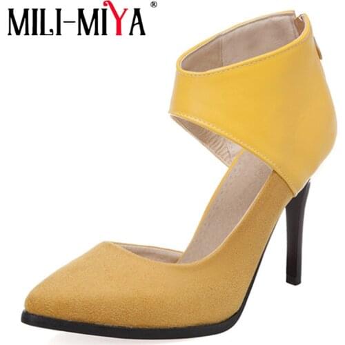 MILI-MIYA New Design Women Pumps Pu Leather& Flock Super High Thin Heels Zipper Ankle Wrap Dress Party Shoes Plus Size 34-50